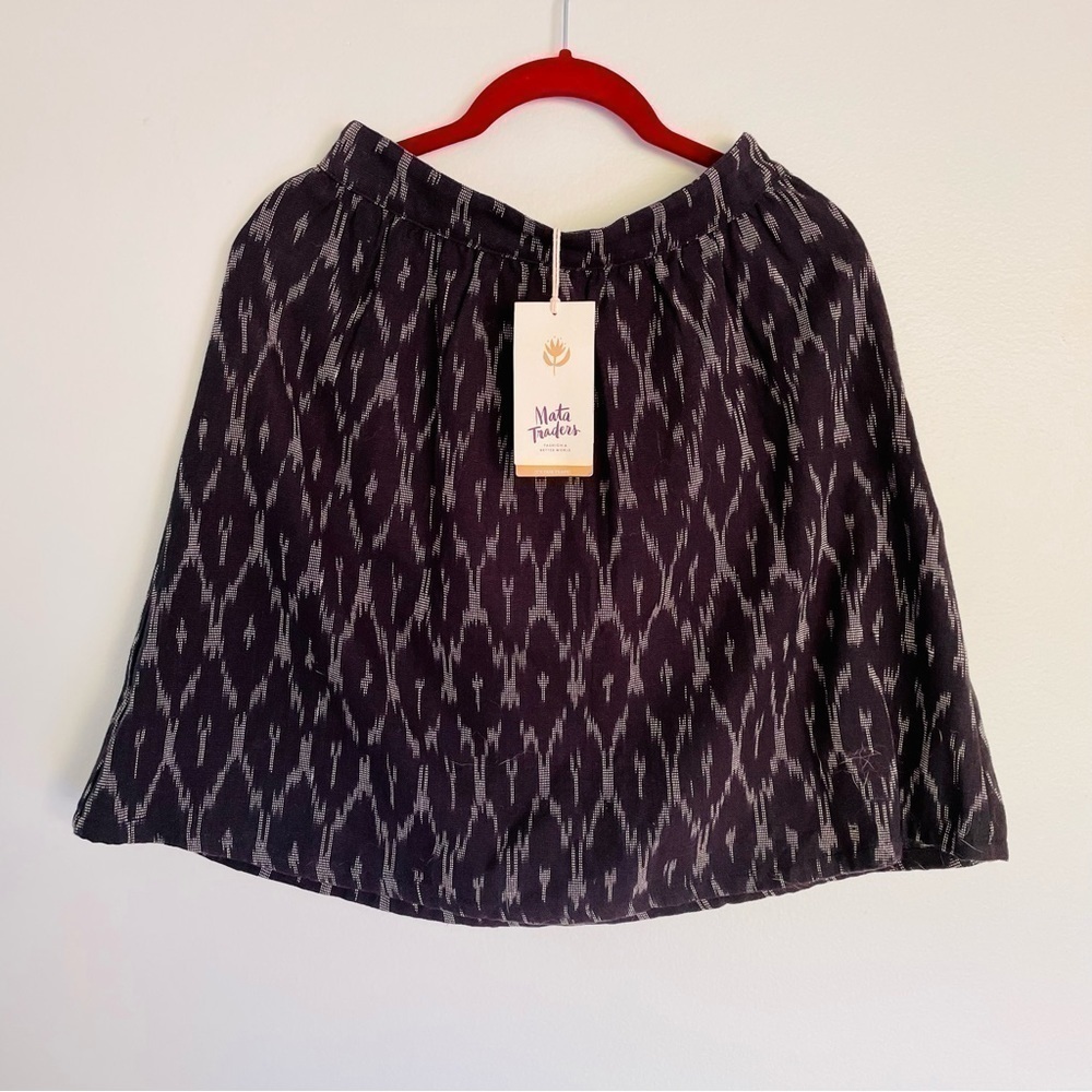 Mata Traders Skirt XS NWT Gathered Ikat Black Handwoven 100% Cotton Boho Spring